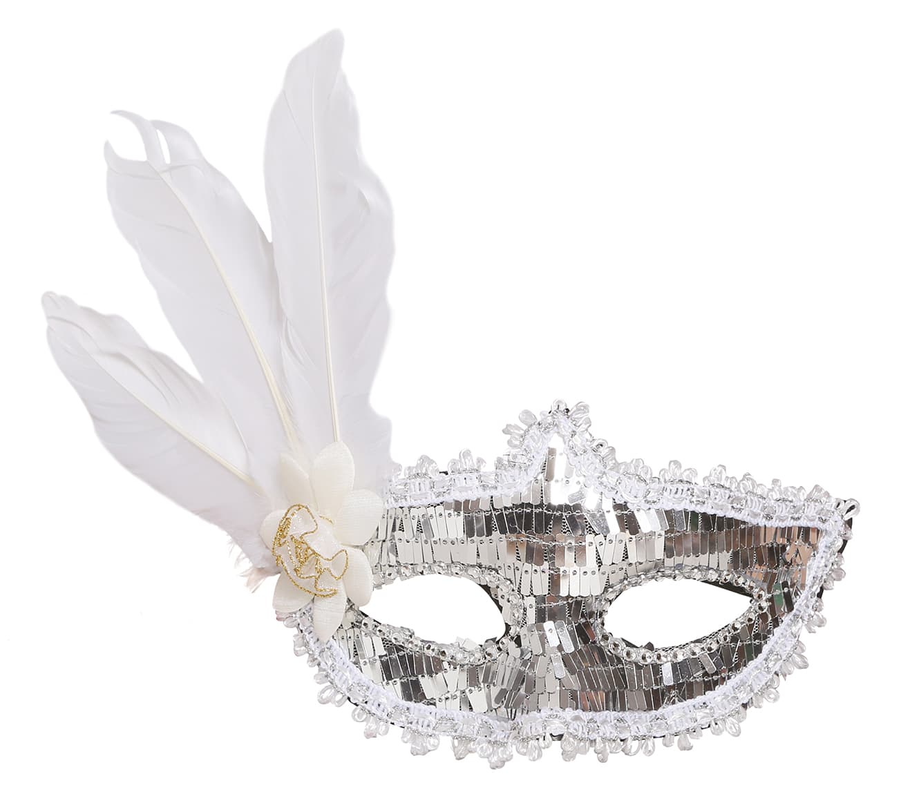 Sølvfarvet maske med fjer