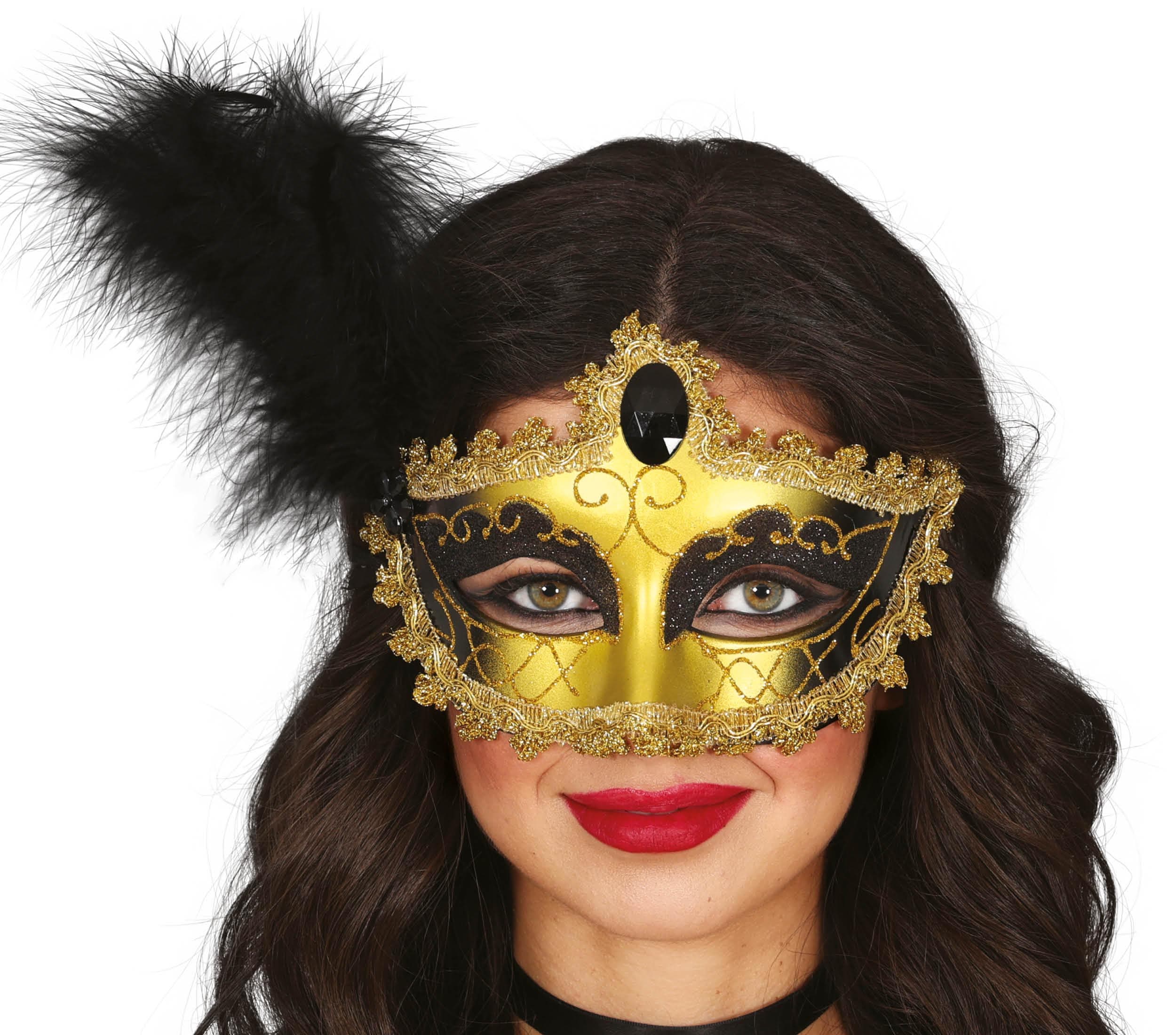 Maske i guld/sort med fjer