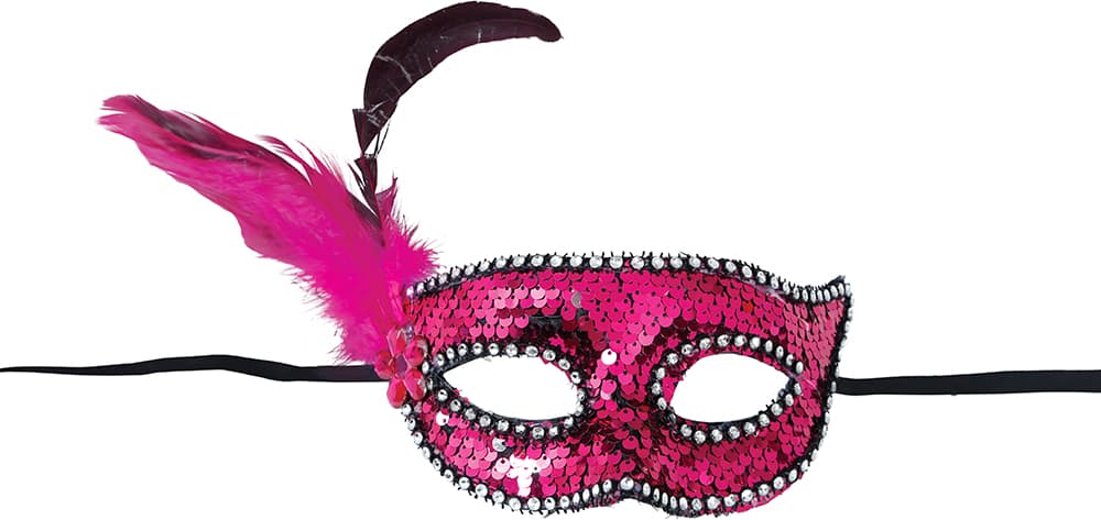 Lyserød maske med pailletter og fjer, til voksne