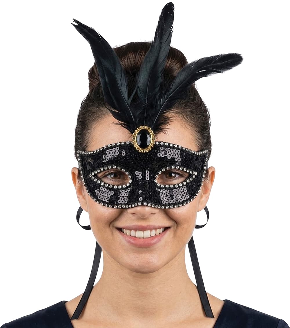 Maske med fjer og pailletter, sort