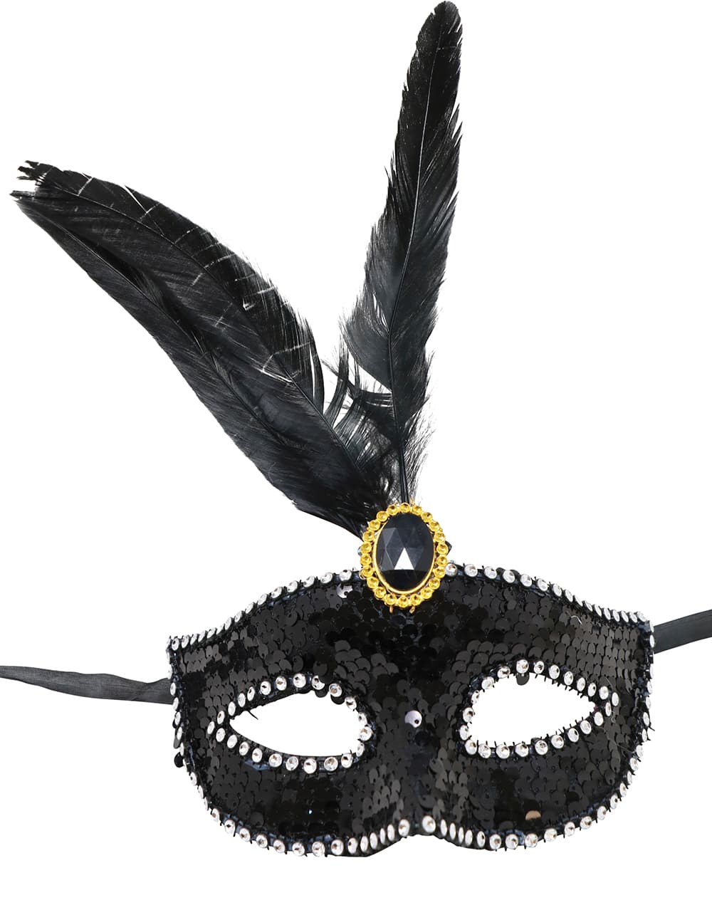 Maske med fjer og pailletter, sort