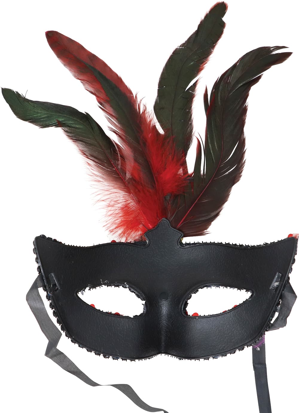 Maske med fjer og pailletter, rød