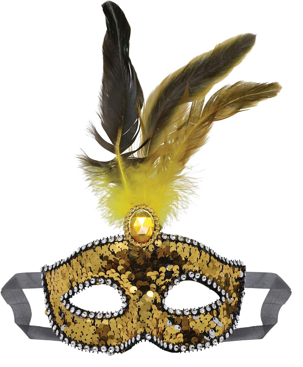 Maske med fjer og pailletter, guld