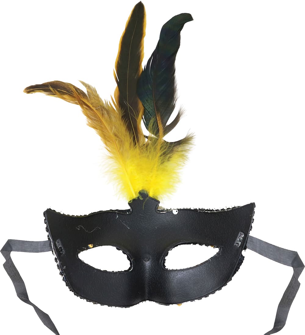 Maske med fjer og pailletter, guld