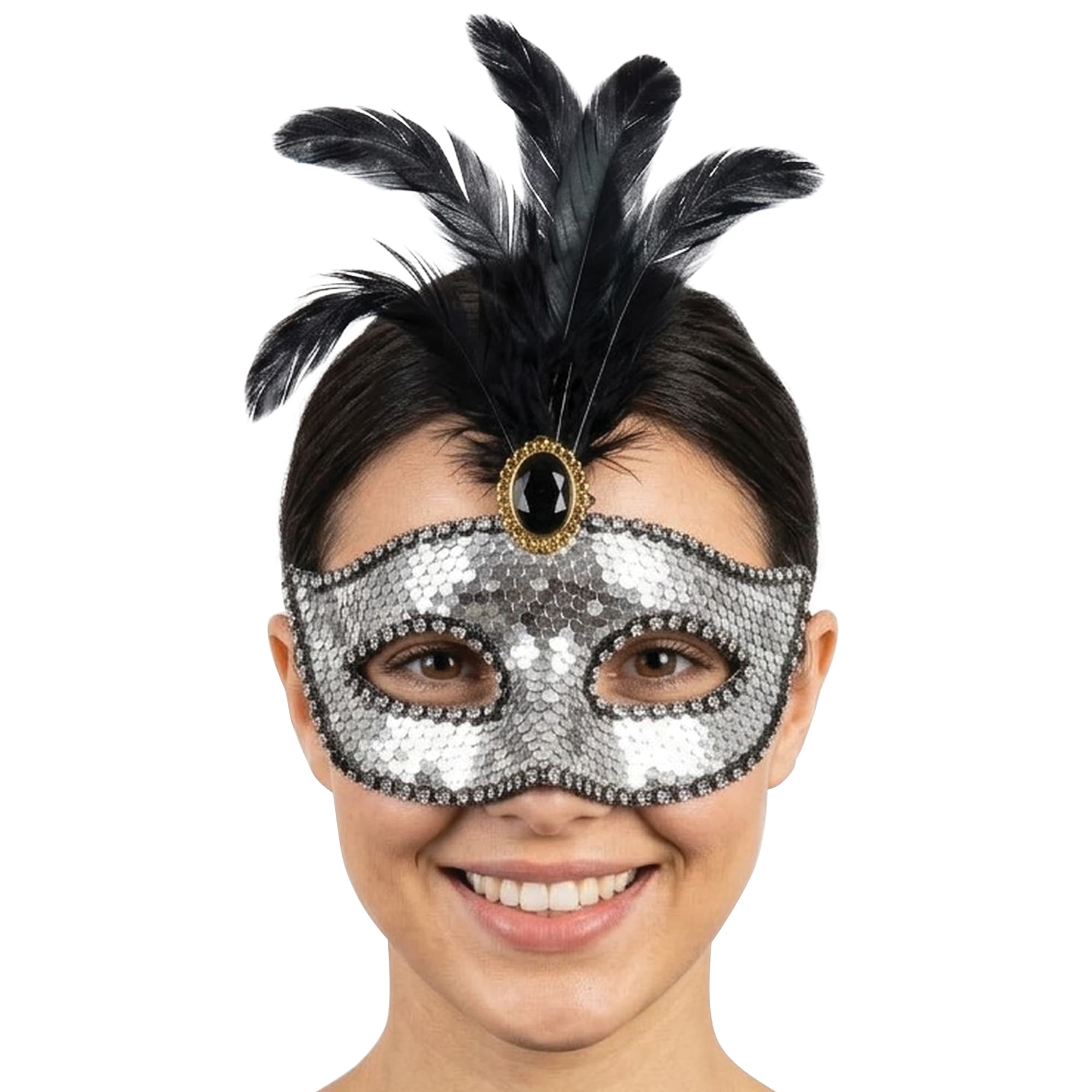 Maske med fjer og pailletter, sølv