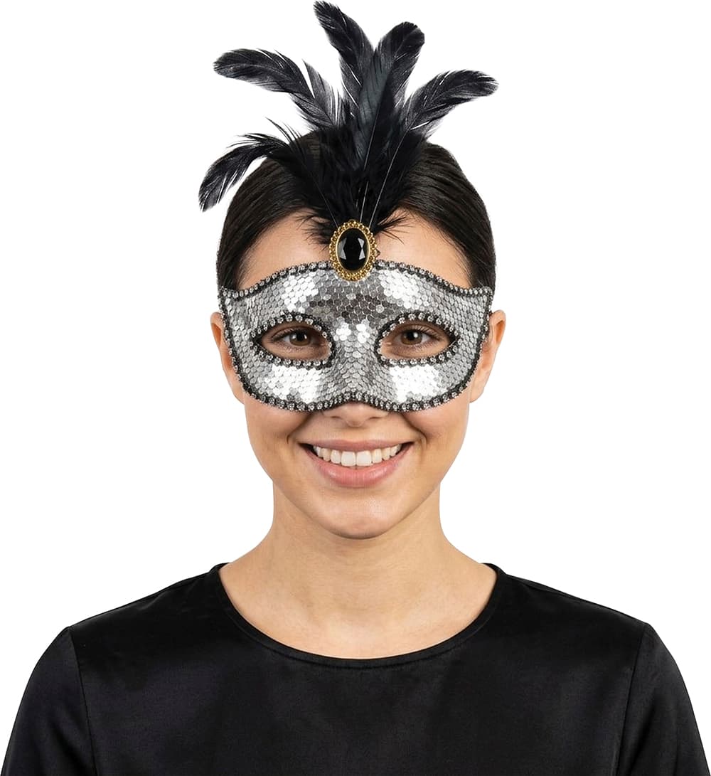 Maske med fjer og pailletter, sølv