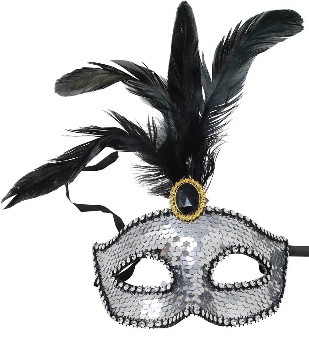 Maske med fjer og pailletter, sølv