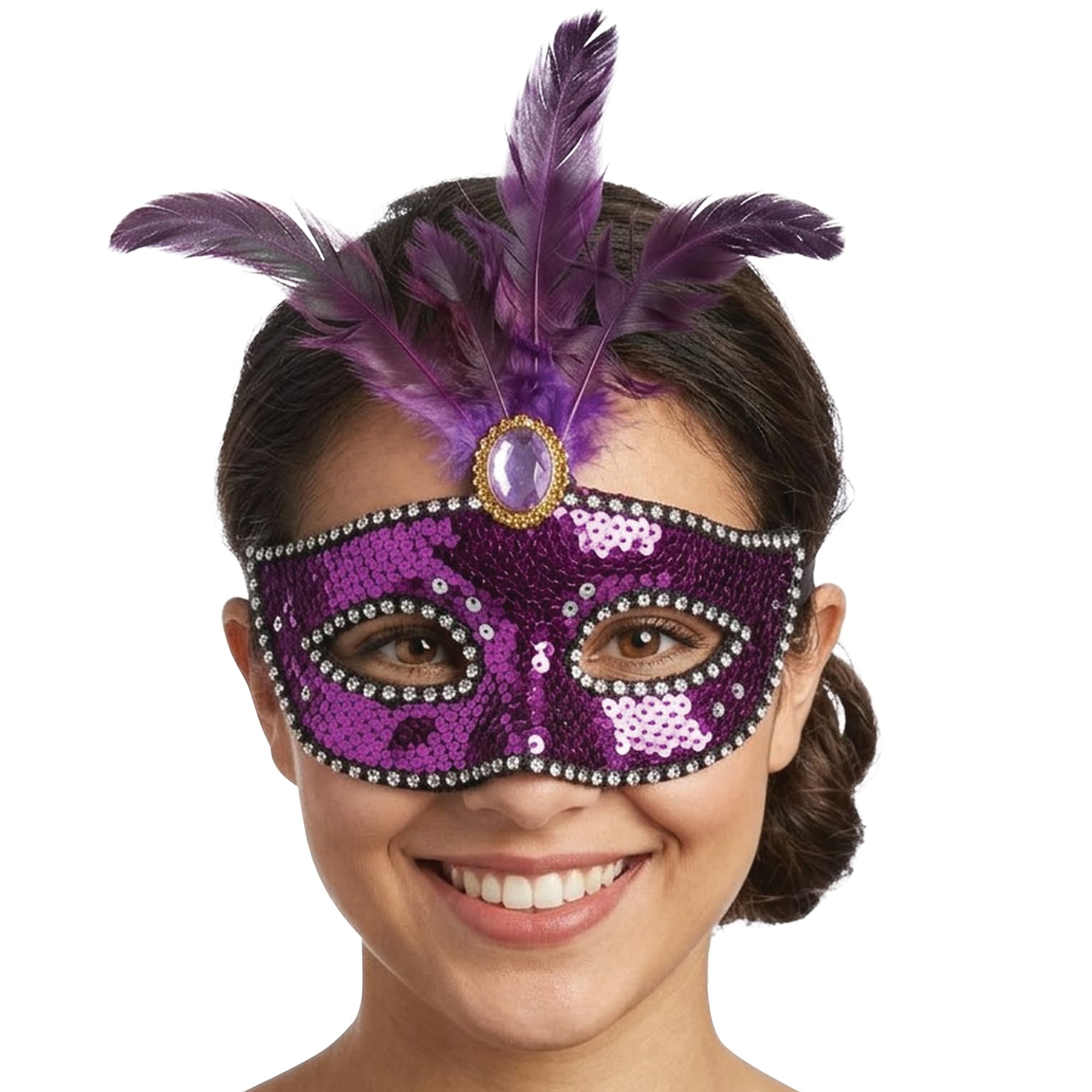 Maske med fjer og pailletter, lilla