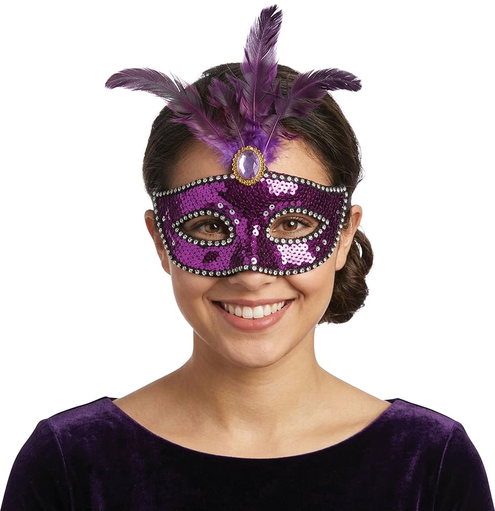 Maske med fjer og pailletter, lilla