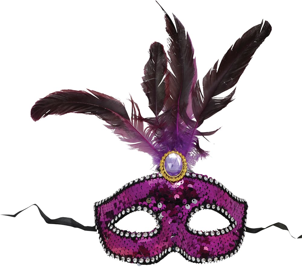 Maske med fjer og pailletter, lilla