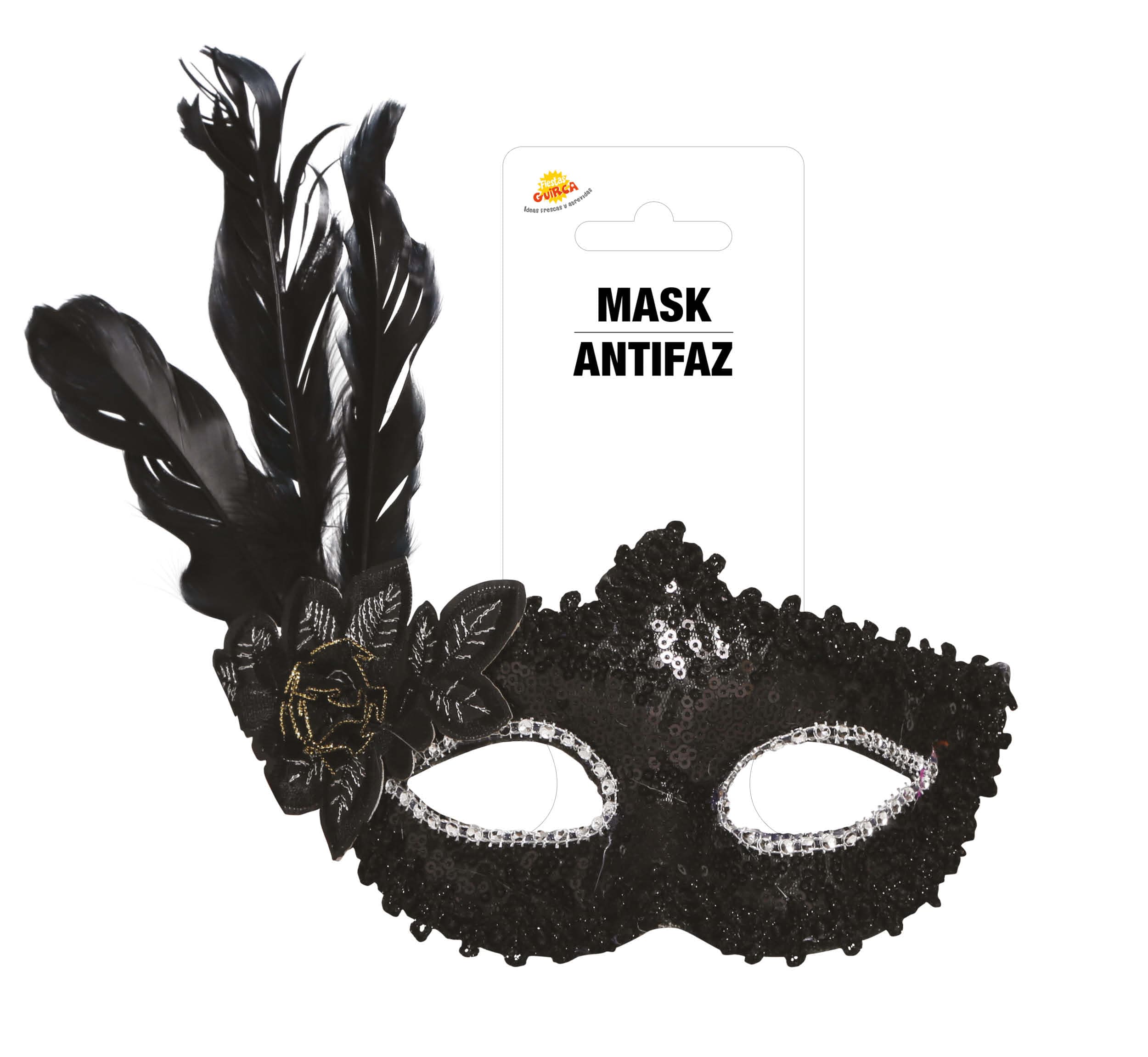 Sort maske med blomst og fjer