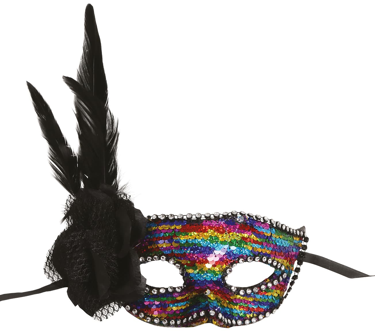 Flerfarvet maske med fjer