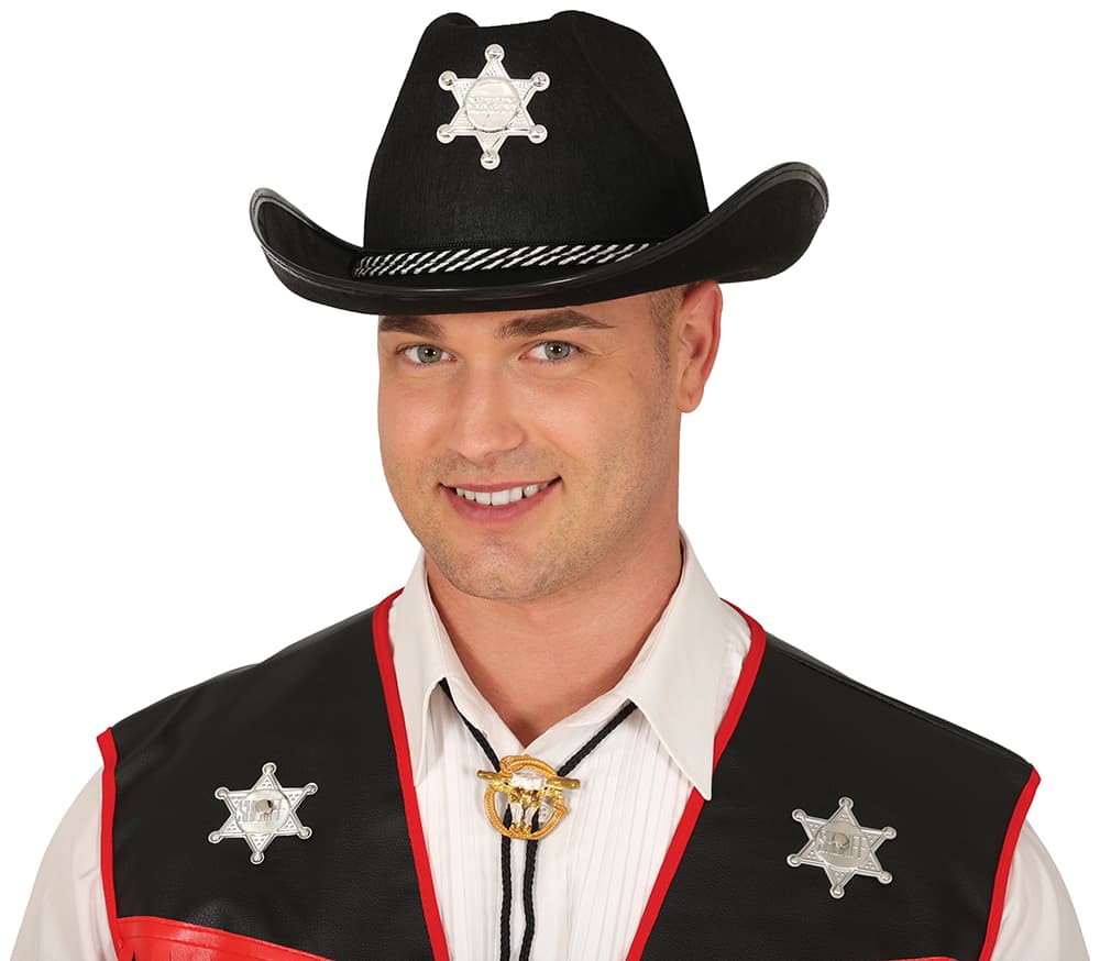 Sort sheriffhat i filt, ca. 38,6 cm