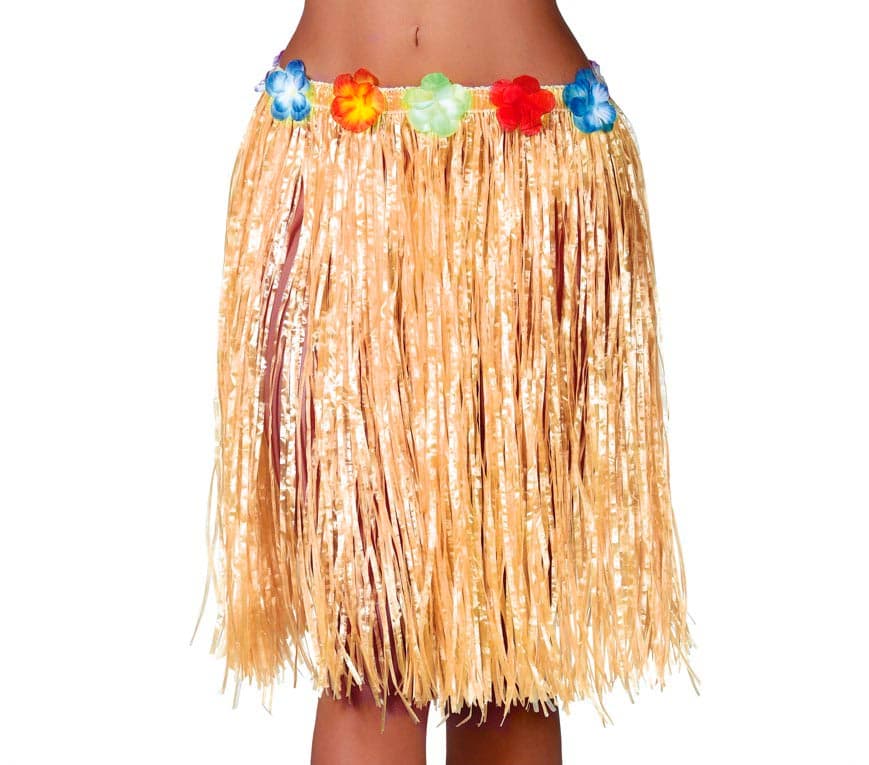 Hawaii-skørt med blomster, 50 cm, stråfarvet