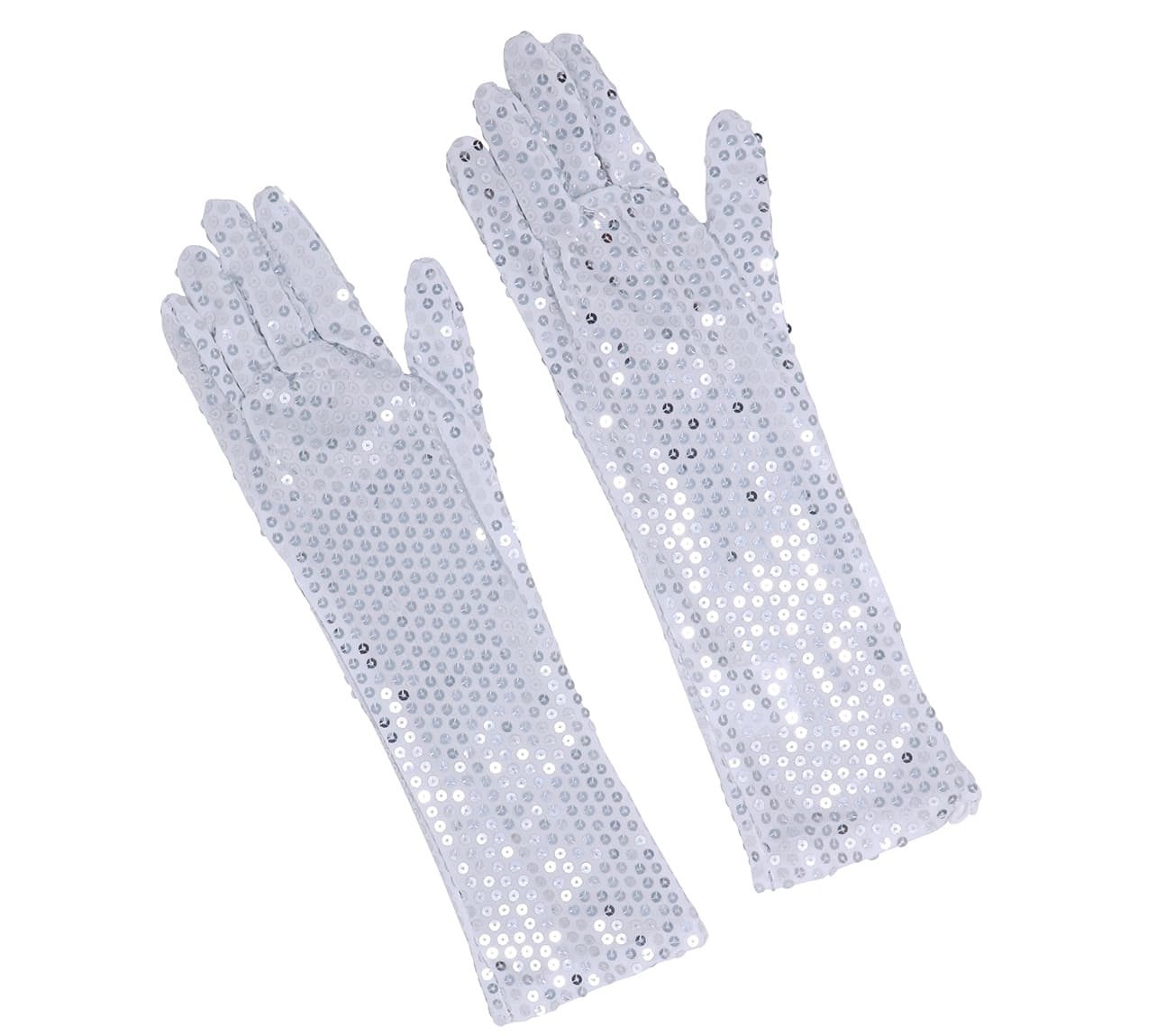 Pailletbesatte handsker, 39 cm, sølvfarvede, høj kvalitet