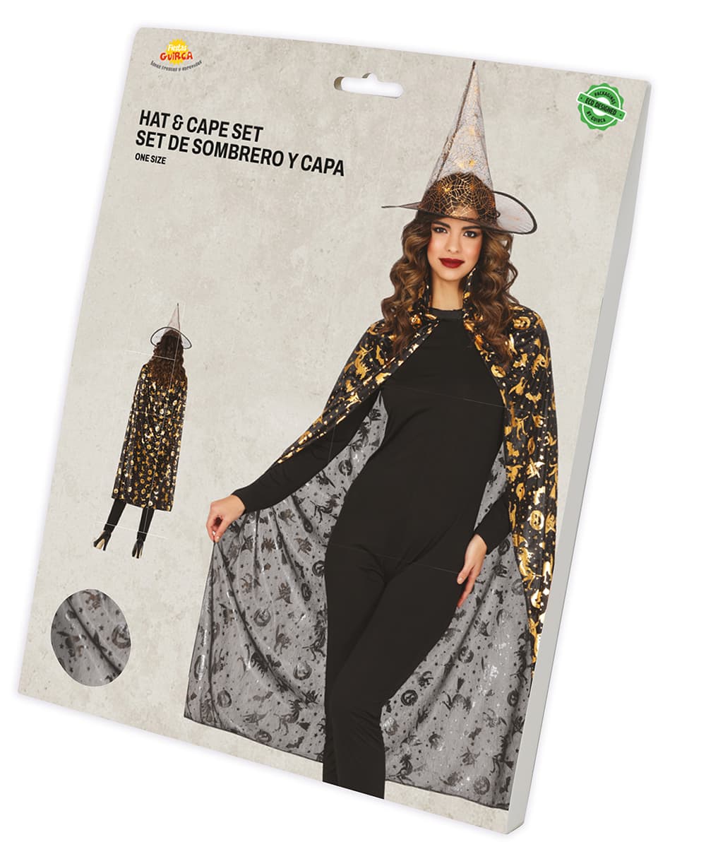 Heksesæt med hat og kappe, 110 cm, til voksne