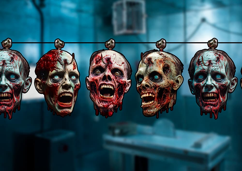 Guirlande med blodige zombiehoveder, papir, 300 × 23 × 16 cm