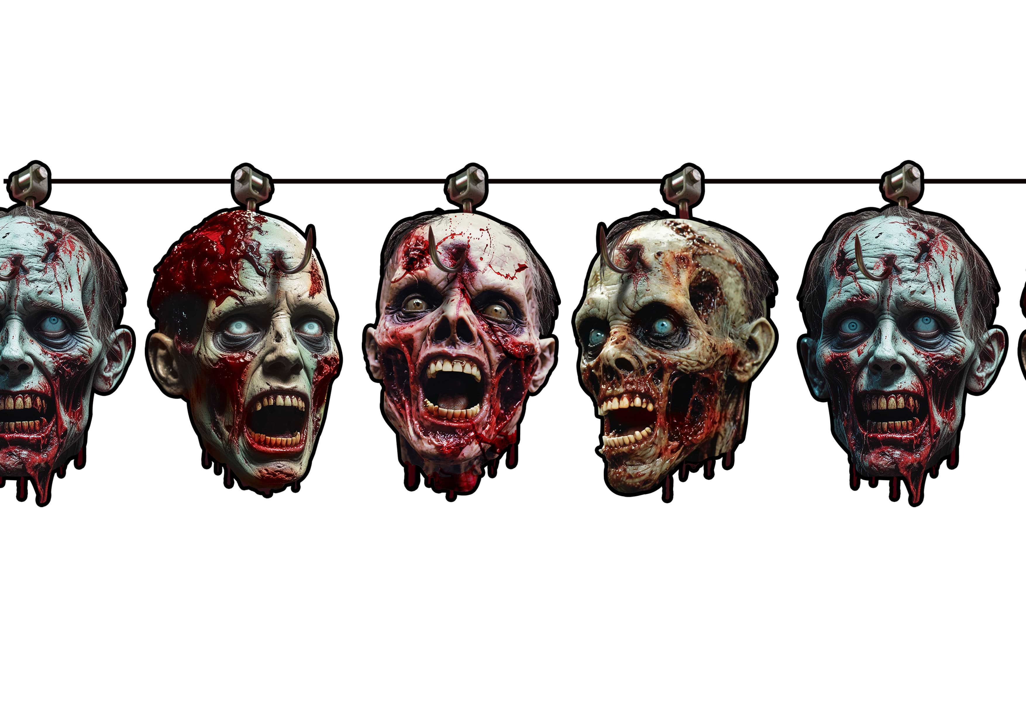 Guirlande med blodige zombiehoveder, papir, 300 × 23 × 16 cm
