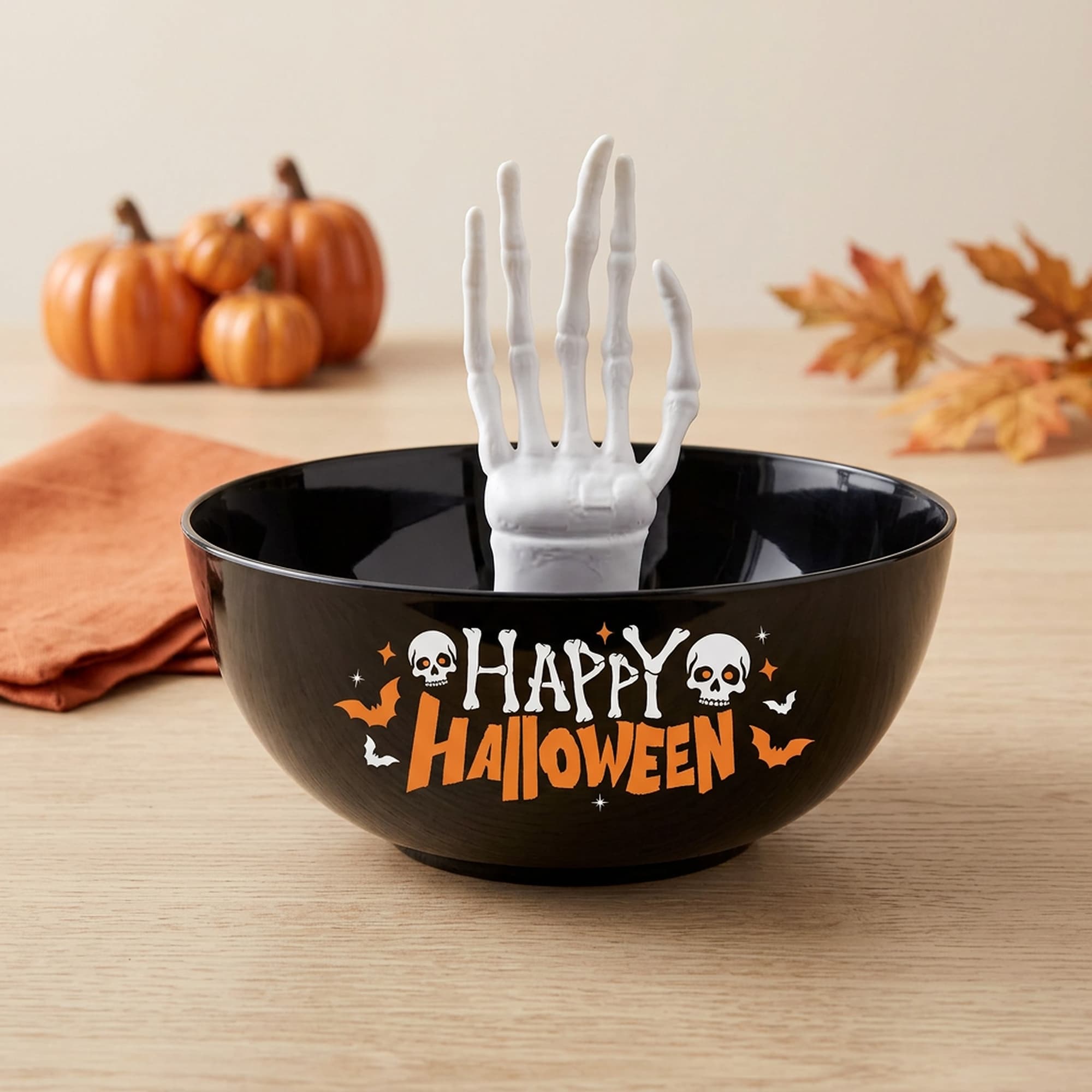 Skål "Happy Halloween" med skelethånd, 25 cm