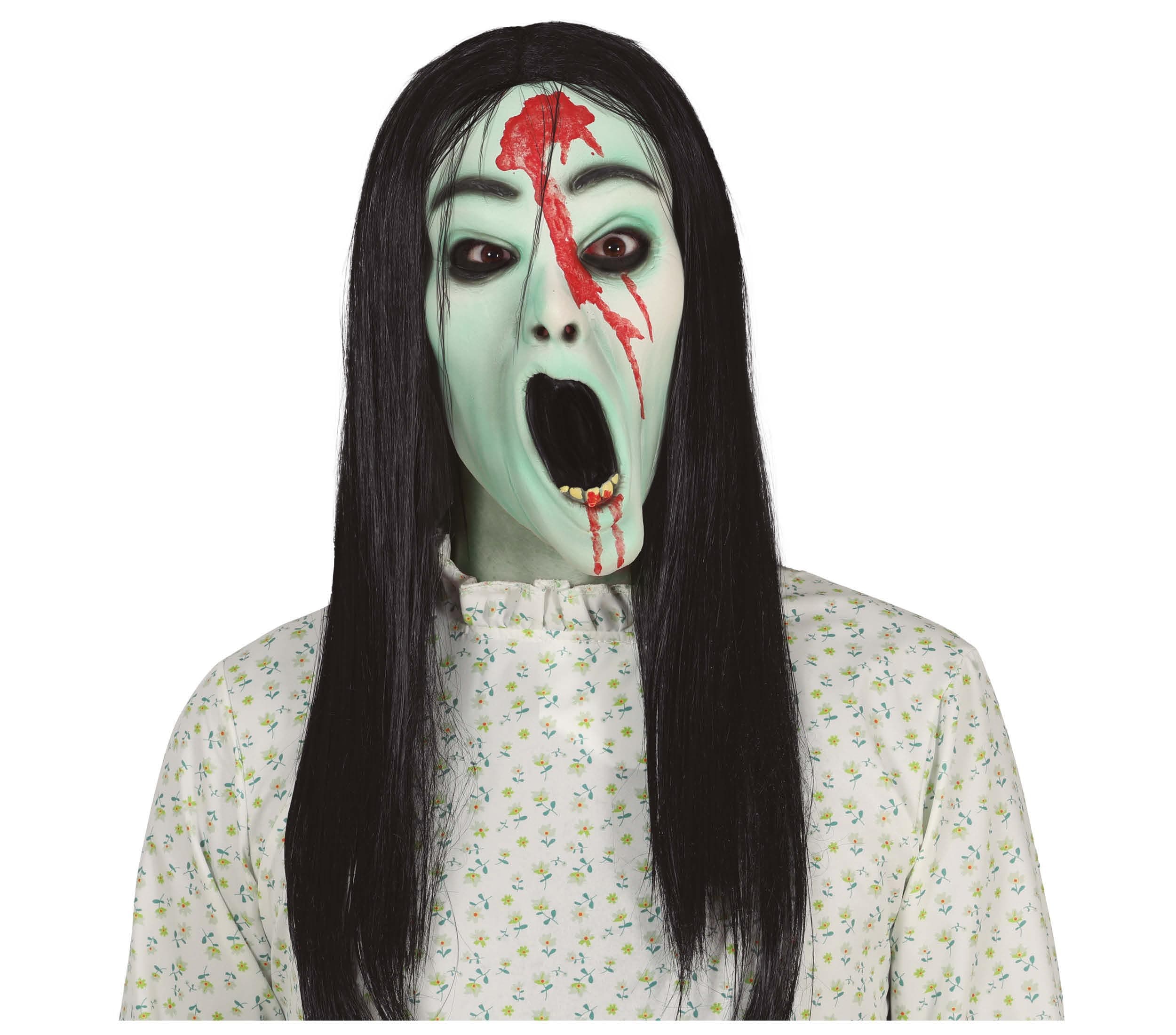 Latexmaske af spøgelsespige med hår