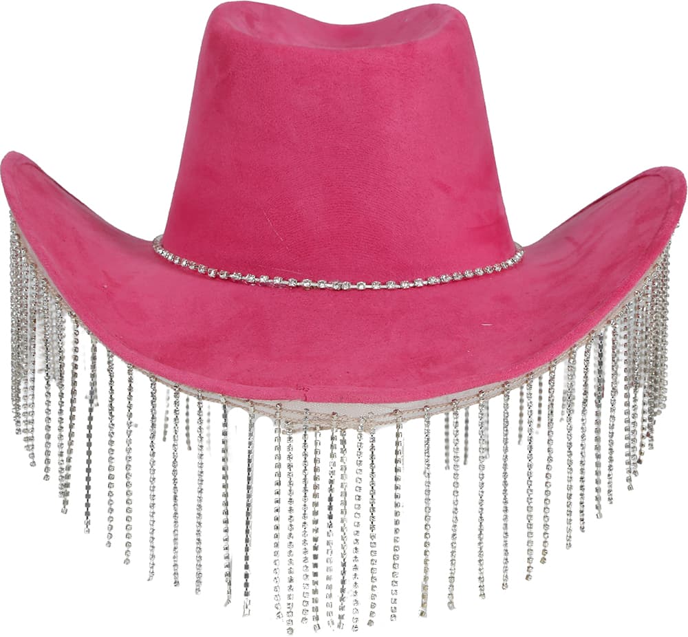 Lyserød cowboyhat med perlefrynser i høj kvalitet, til voksne