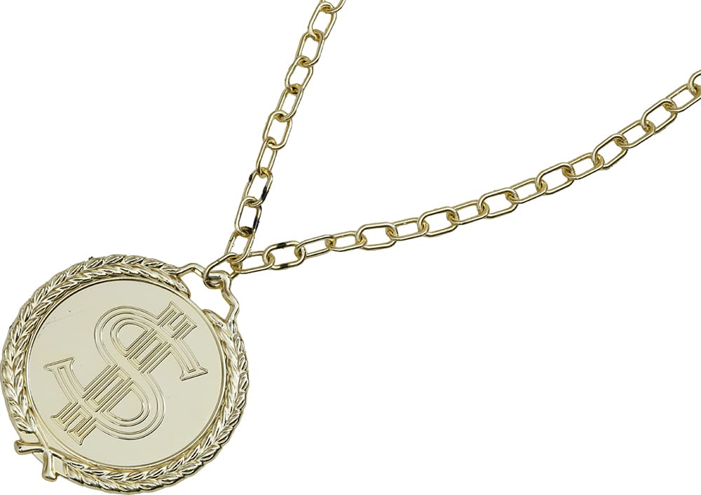 Guldfarvet dollarmedaljon, 13 cm, PVC, til voksne