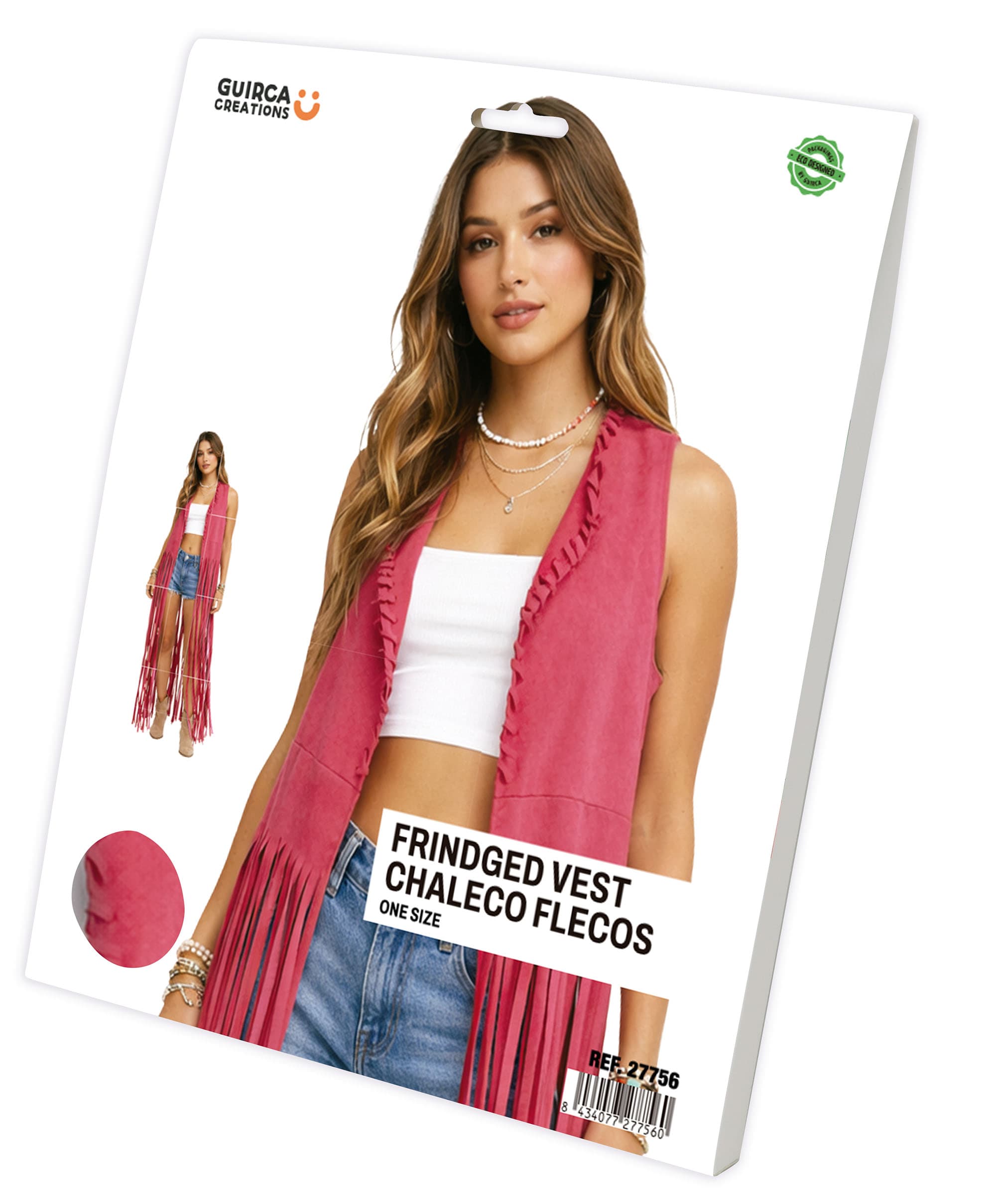 Hippievest i imiteret læder med frynser, pink, str. L