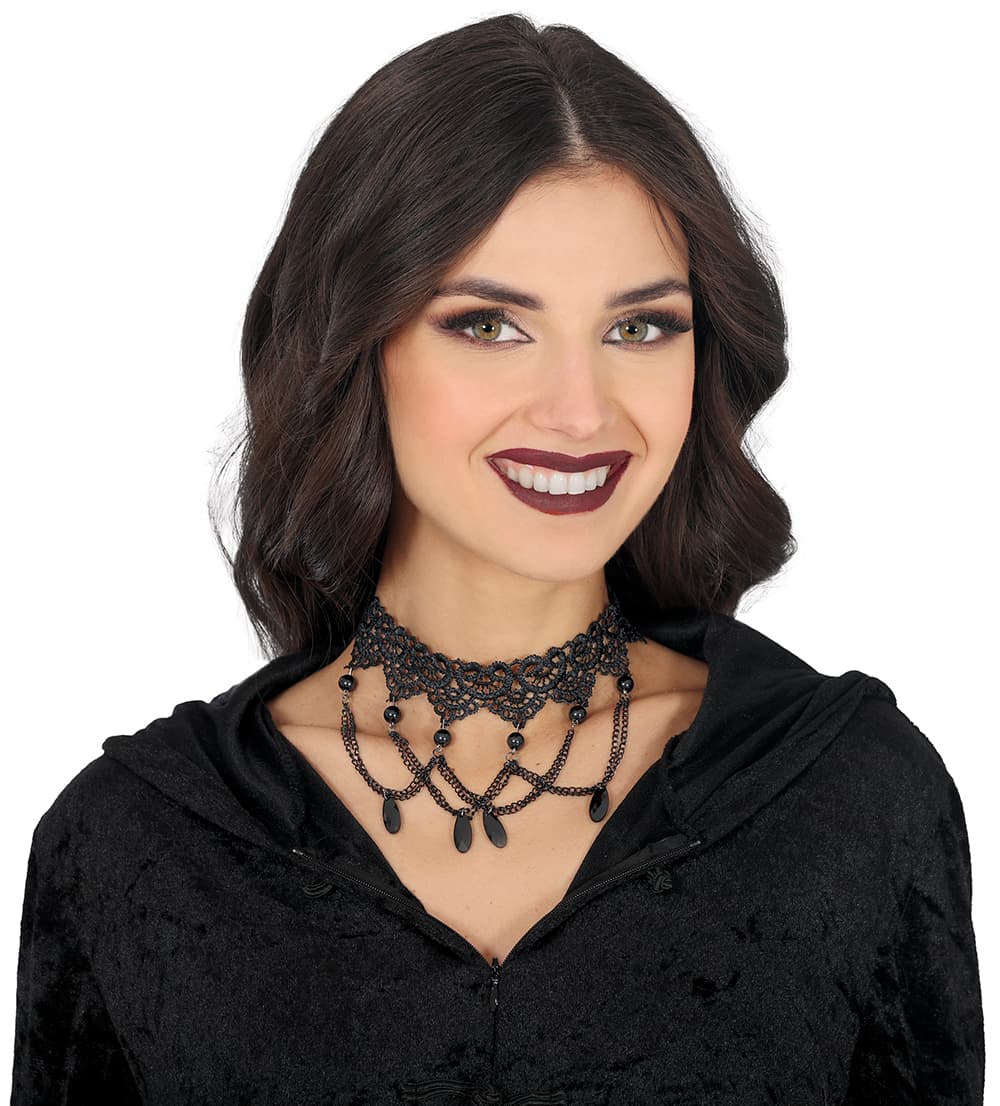 Sort broderet choker med perler, ca. 16,6 cm