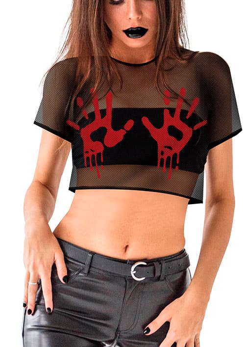 Mesh-T-shirt med blodige hænder, str. L (42-44)