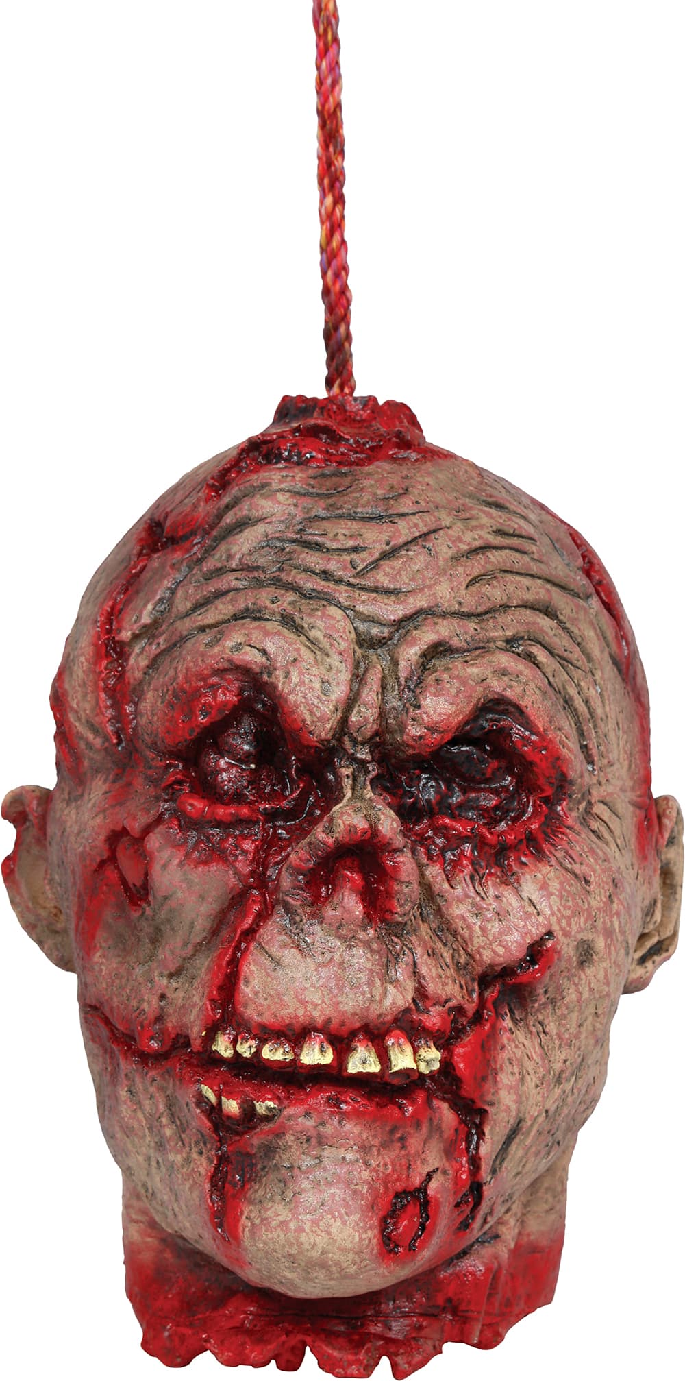 Hængende blodigt zombiehoved i latex, 28 cm