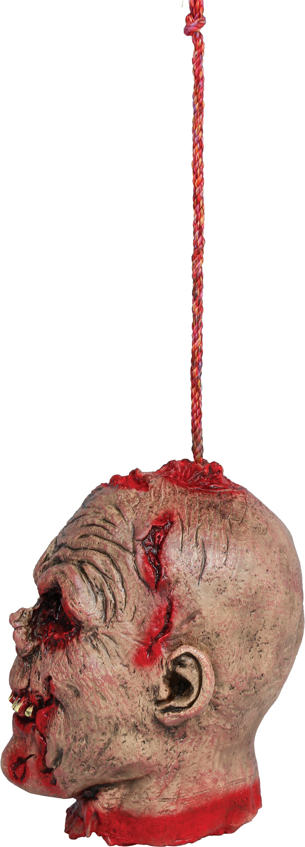 Hængende blodigt zombiehoved i latex, 28 cm