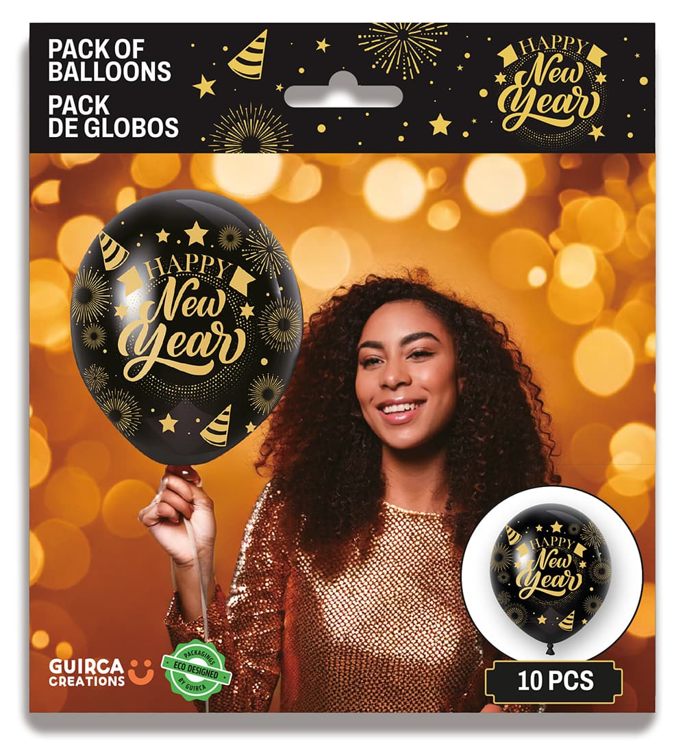 Pose med 10 sorte balloner "Happy New Year", latex