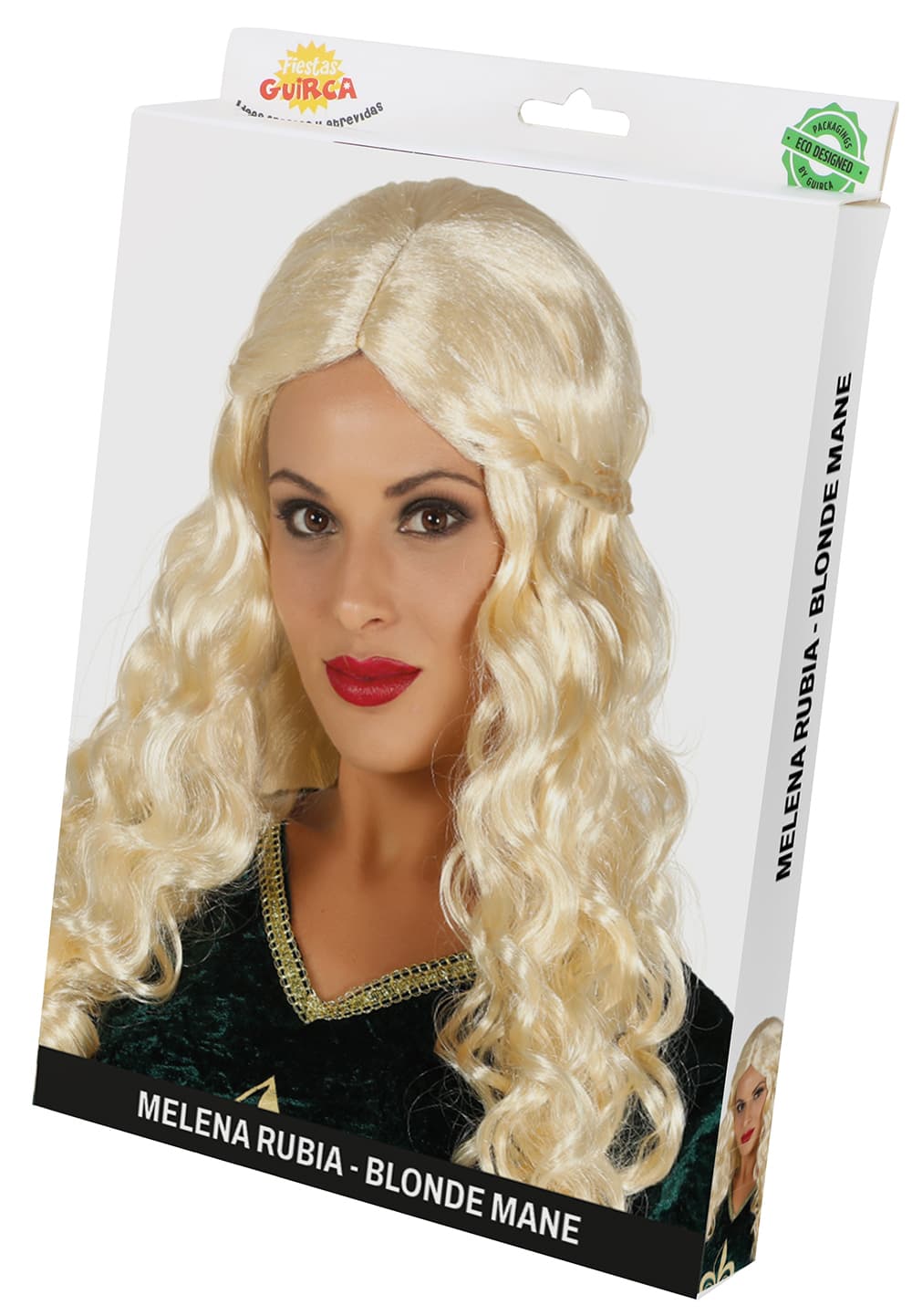 Blond langhåret paryk med fletning (i æske)