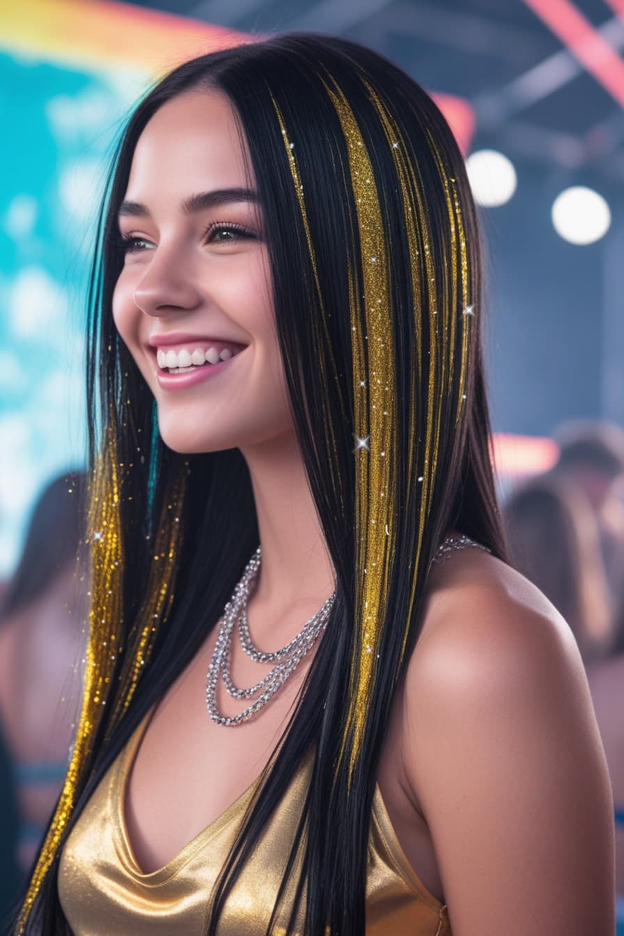 3 hår-extensions med glitter, 50 cm, guld