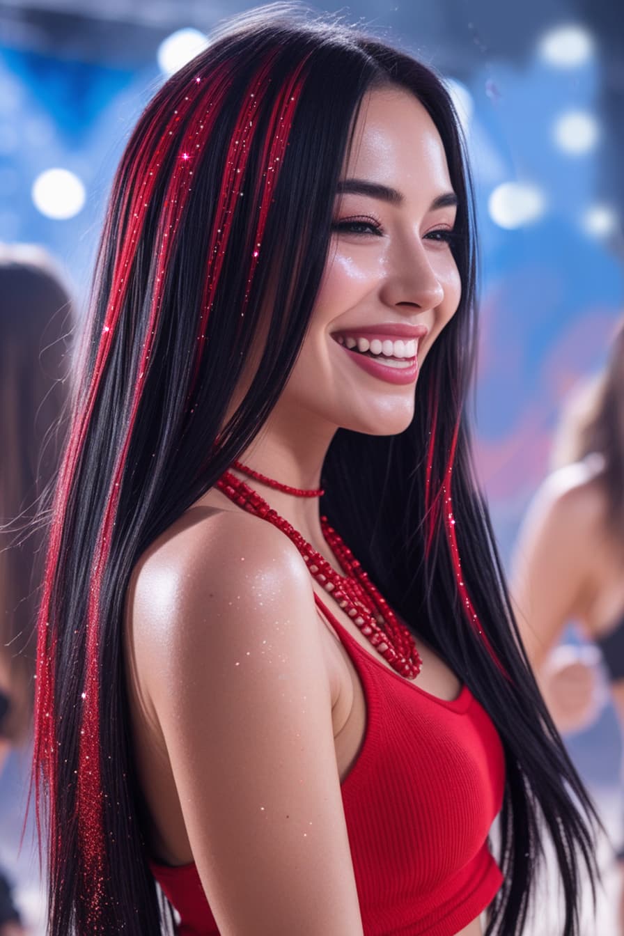 3 hår-extensions med glitter, 50 cm, rød