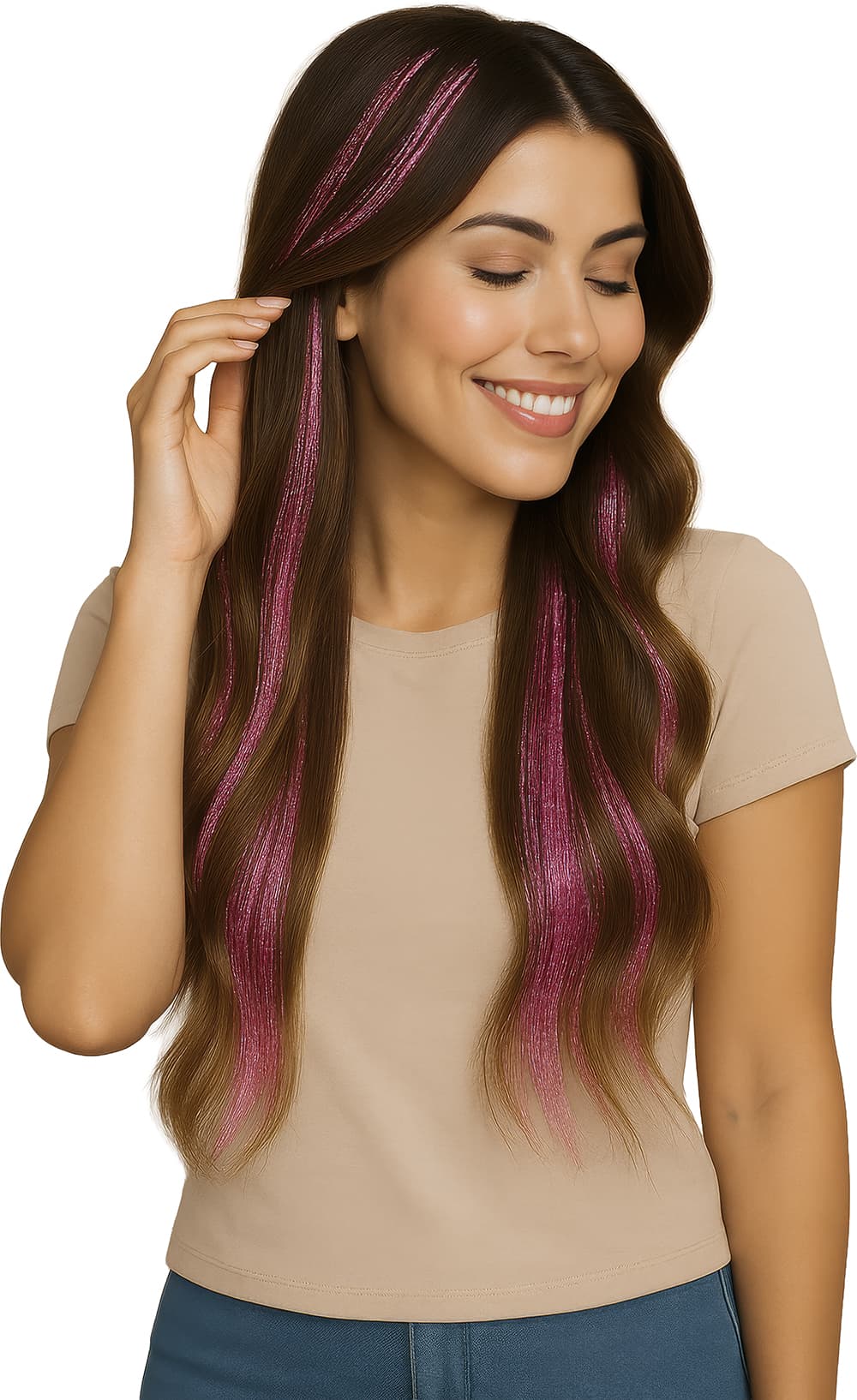3 hår-extensions med glitter, 50 cm, pink