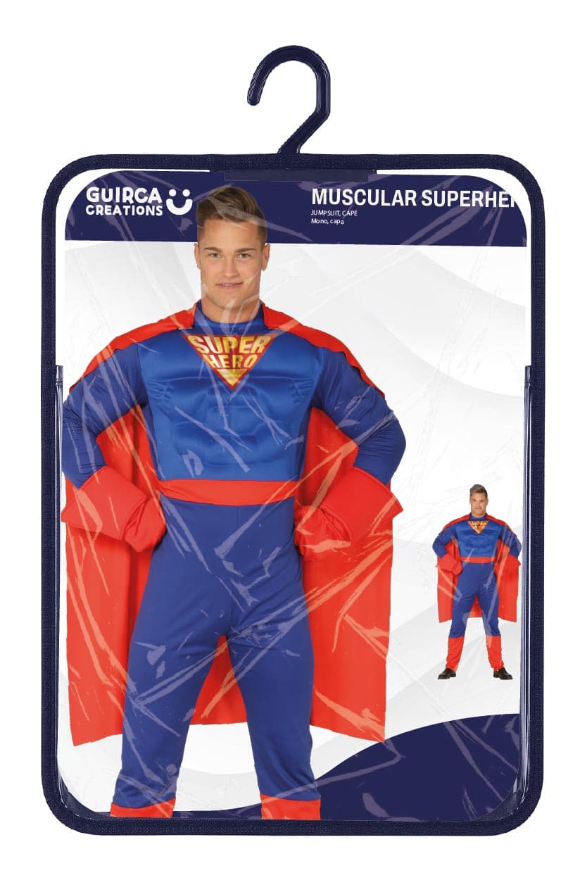 Muskuløs superhelt – kostume til herrer, blå og rød