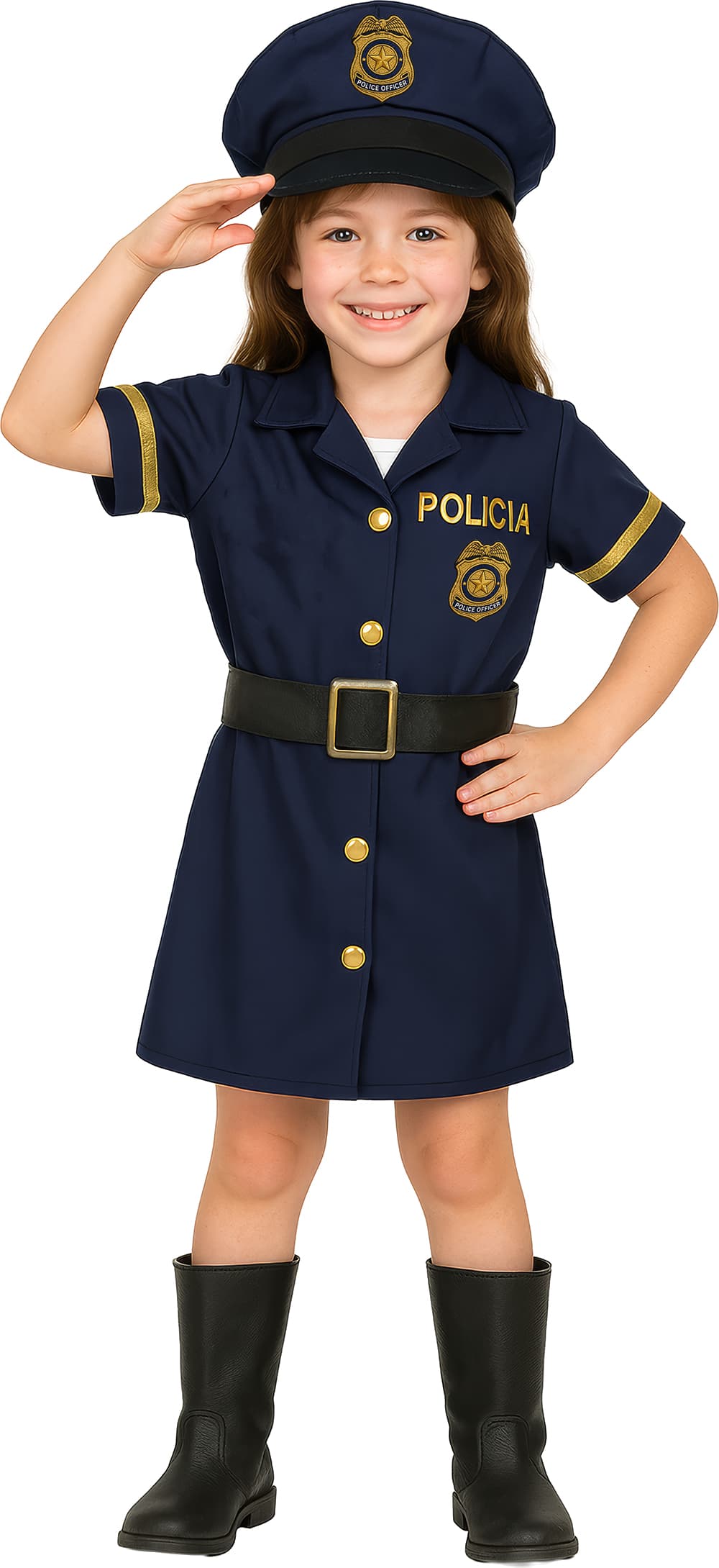 Politi – kostume til piger, blå og guld